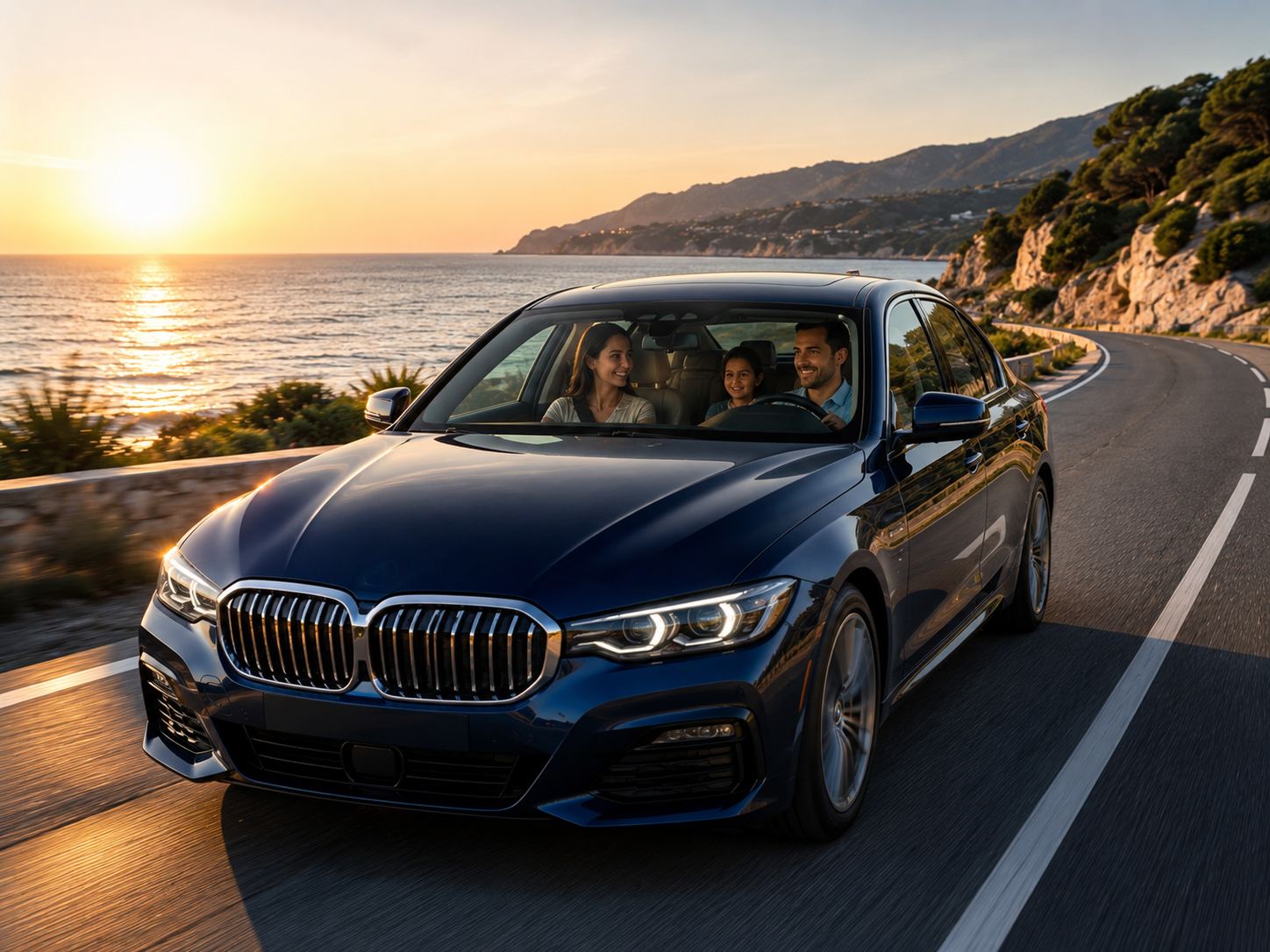 Assurance auto, une famille sur la route au coucher de soleil